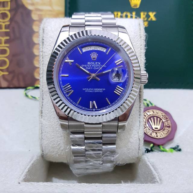 JAM TANGAN PRIA MEREK ROLEX DAY DATE SILVER BLUE AUTOMATIC FULL SET BOX ORIGINAL