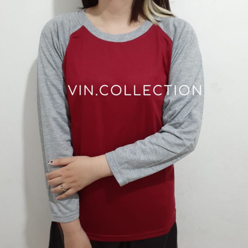 Kaos polos raglan pria wanita - merah maroon kombinasi misty