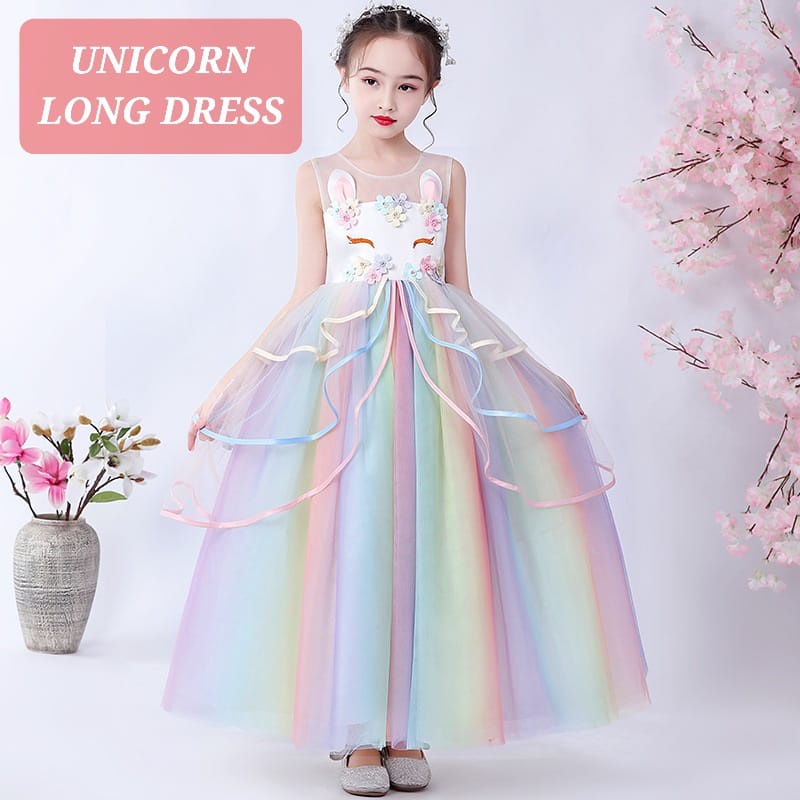 UNICORN LONG DRESS DRES GAUN PESTA PANJANG ANAK ABG PEREMPUAN IMPORT RAINBOW