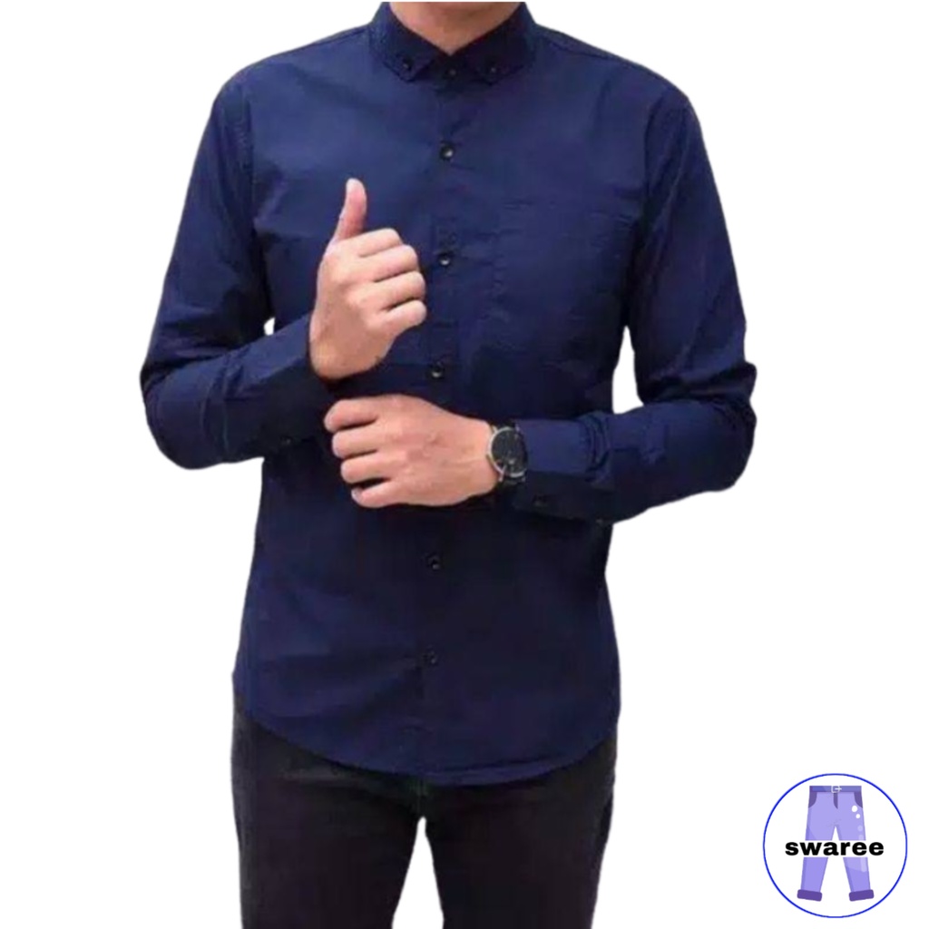 Kemeja Cowok Polos Lengan Panjang Slimfit Hem Pria Kantor Hitam Navy Putih Maron Army