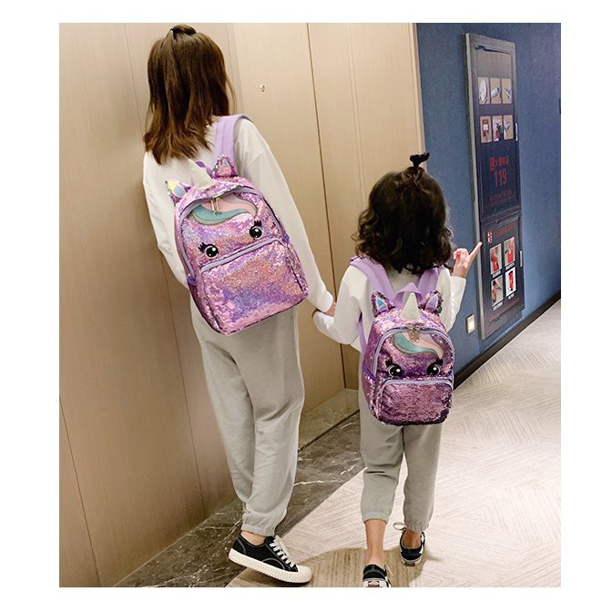 Tas Ransel Sequin Unicorn Besar TRU025 dan kecil TRU026 backpack reversible anak perempuan TK SD