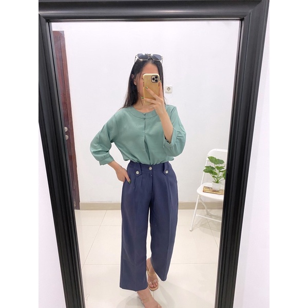 NYLA Blouse Kantor Korea 3/4 Sleeves Blus Jumbo Tunik Big Size A20-1958-green