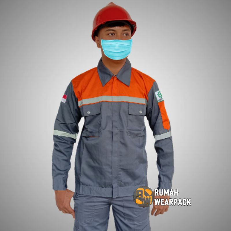 Baju Kerja/ Wearpack Proyek/ Seragam Kerja Atasan Warna Abu Tua Kombinasi Oranye