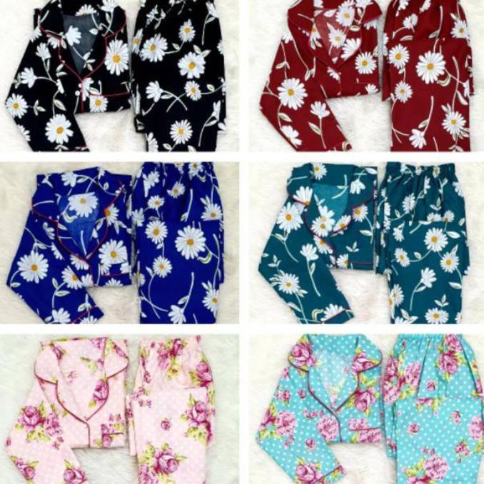 Baju Tidur Cewek/Wanita Piyama/Pajama Katun Micro Motif Sunflower (PP) - Hitam