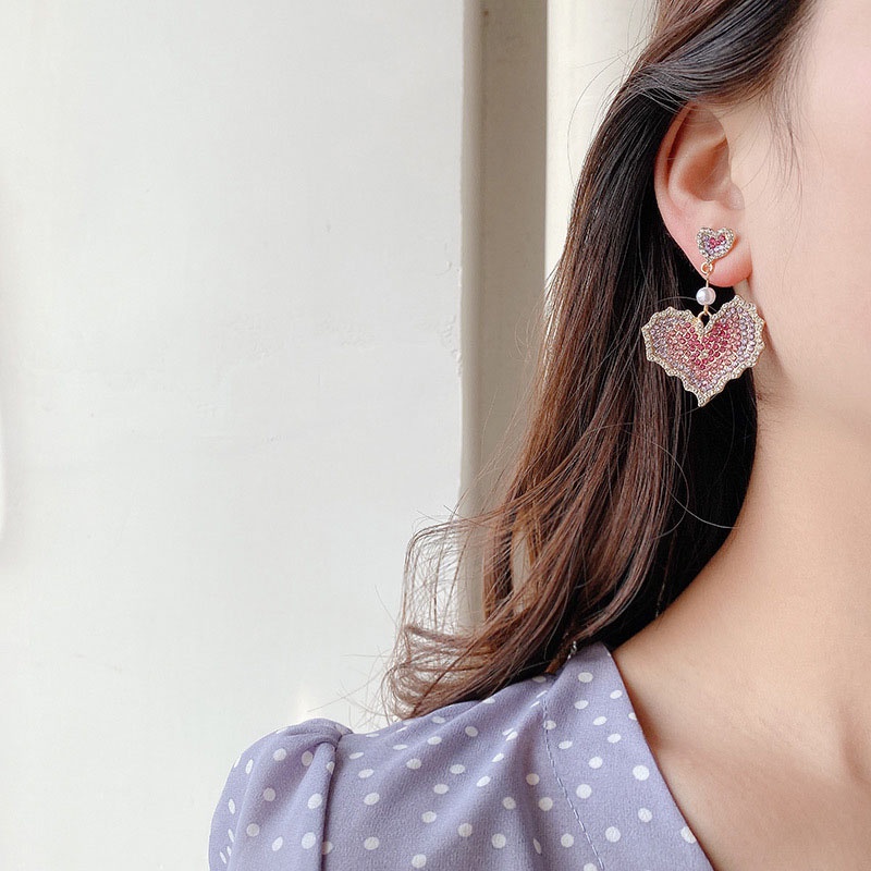 Anting Tusuk Berlian Imitasi Bentuk Hati Warna Pink Bahan silver 925 Untuk Wanita