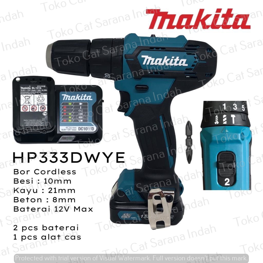 MAKITA HP333DWYE MESIN BOR CAS Mesin Bor Baterai Cordless Drill 12V MESIN BOR CORDLESS ALAT BOR CAS 