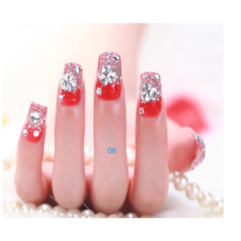 24PCS RED WEDDING FAKE NAILS KUKU PALSU MERAH PERNIKAHAN KUKU PALSU RHINESTONE PEARL 3d wedding