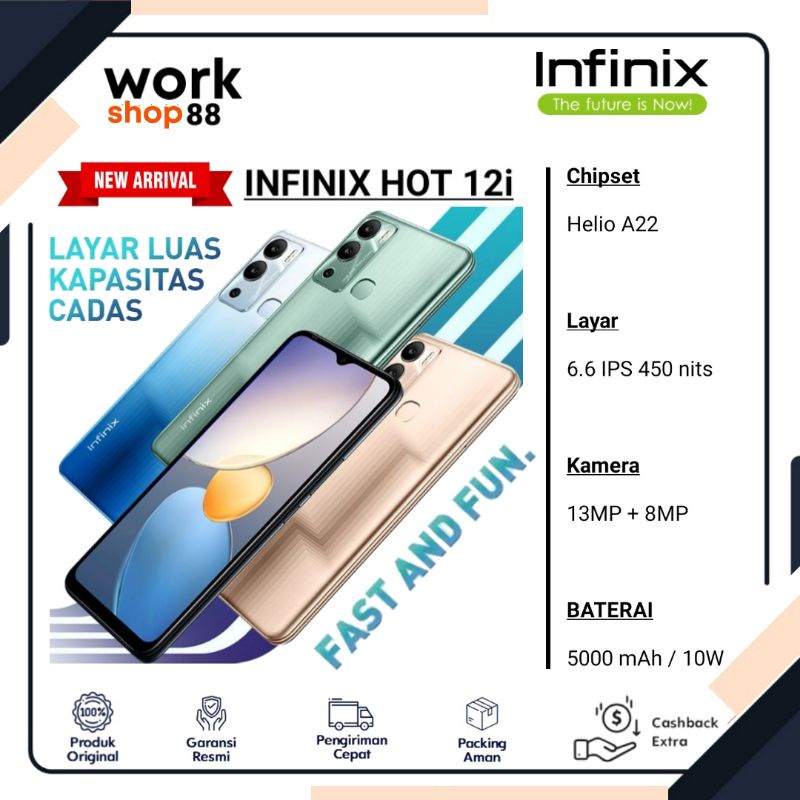 HP Terbaru Infinix Hot 12i [ Ram Up To 11GB ] 4GB + 3GB Extended Rom 64GB - New Original Garansi Res