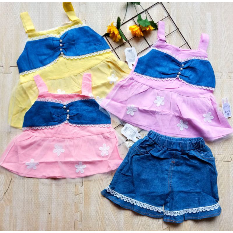 [0-4 TAHUN] BAJU SETELAN JEANS ANAK PEREMPUAN IMPORT 0-4 TAHUN HOTPANTS SETELAN BAYI DAN ANAK IMPORT PITA RENDA / SETELAN CELANA JEANS PENDEK ANAK CEWEK IMPORT / SETELAN HOTPANTS JEANS KAOS ANAK IMPORT 6bln 1th 2th 3th 4th