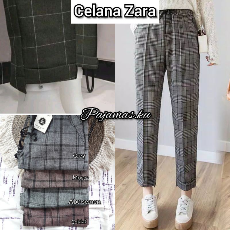  celana  kotak zara  panjang wanita baggy pants  Tartan 