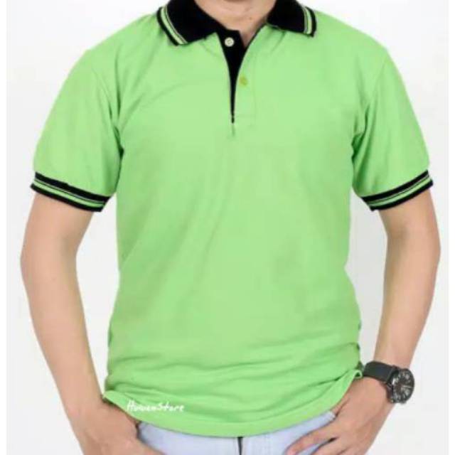 Kaos Poloshirt Polos Berkerah Murah Lengan Pendek Hijau Stabilo List Hitam