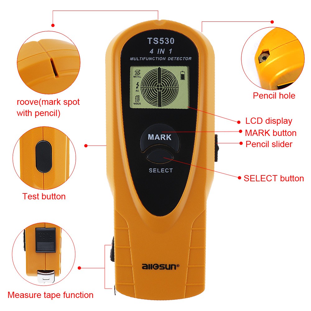 Detektor Logam Digital Multifungsi 4 In 1 Dengan Indikasi Cahaya Dan Pita Pengukur 2m