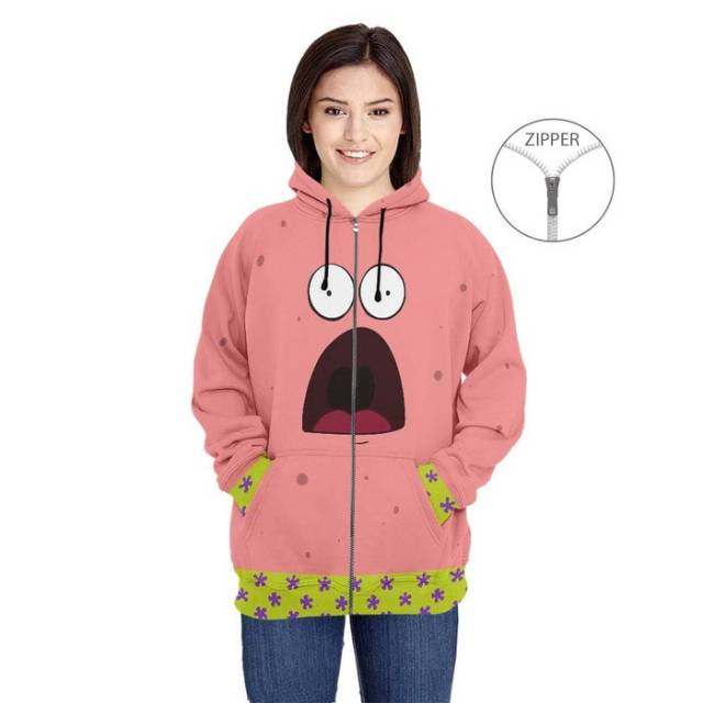 Jaket Hoodie Wanita PATRICK STAR 3D Fullprint model Zipper