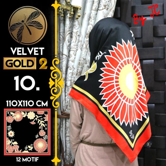Jilbab Segi Empat Satin Black By Golden 2 / Velvet gold2 - Design 10