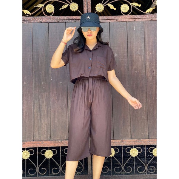 Oneset Crop Sinta  / Set Rayon Crop / New One Set-Coklat Kopi