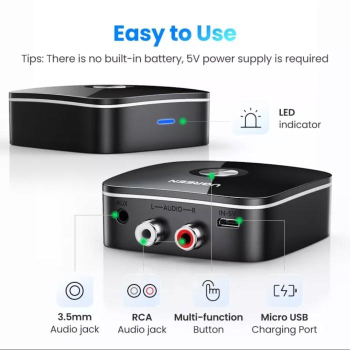 Ugreen Bluetooth 5.0 Receiver Audio Adapter Aptx With Aux 3.5Mm Stereo