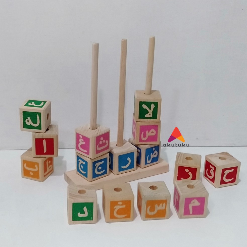 Balok susun natural hijaiyah kayu pinus Mainan edukasi anak