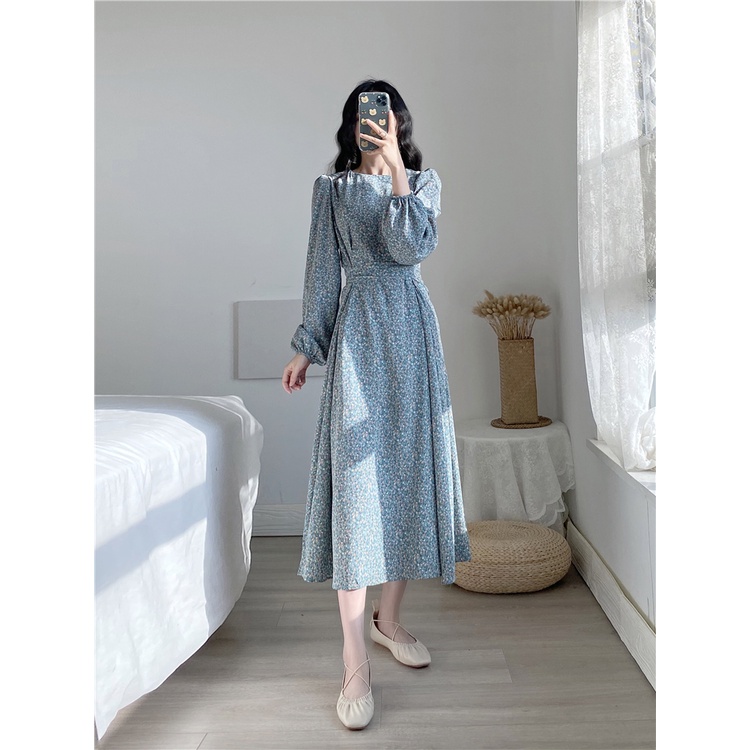 AIMEI Dress Model korea Round Neck Motif Bunga Gaya Retro Untuk Wanita