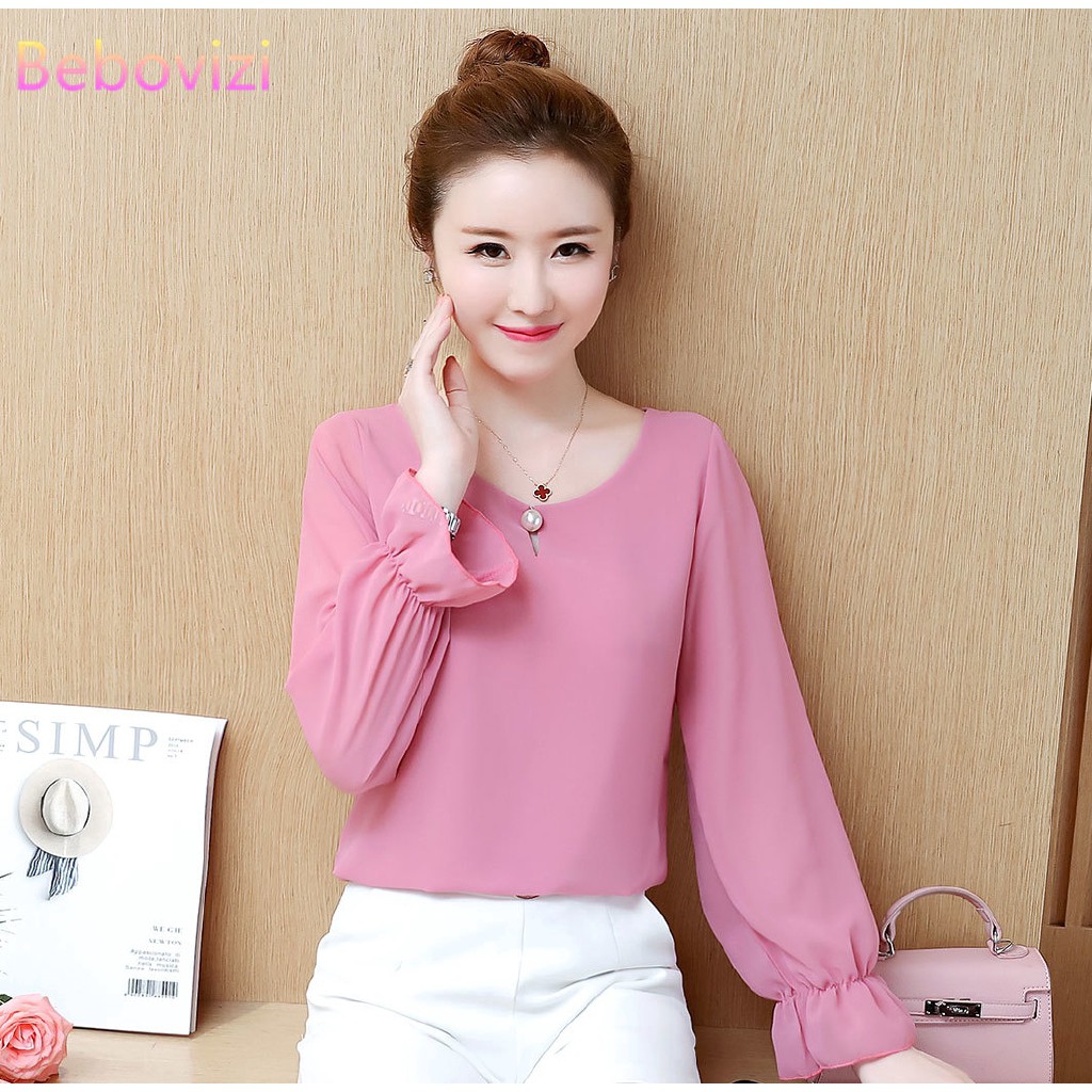 model terbaru blouse Wanita Lengan Panjang  Bahan Sifon Warna Kuning dan Putih Bergaya Korea