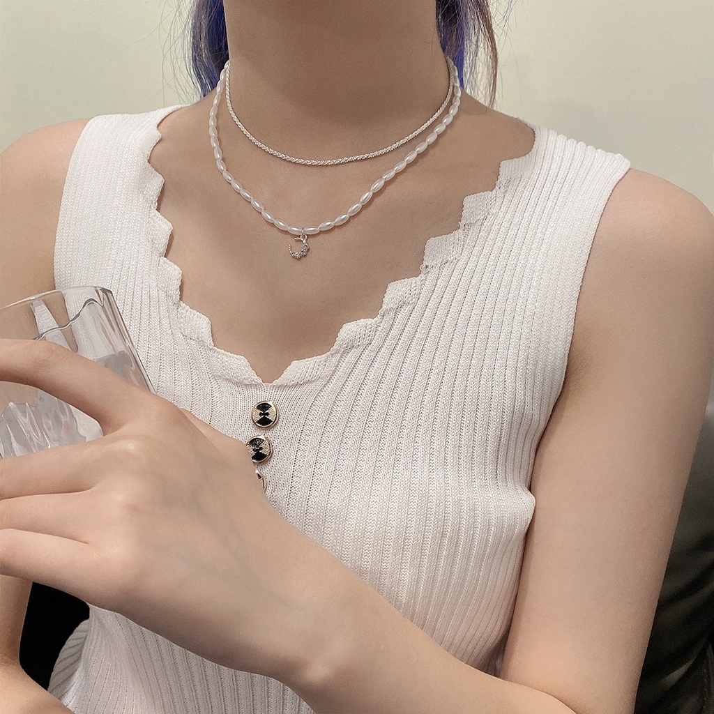 Jepang dan Korea gaya double-layer berkilau mutiara kalung untuk wanita ins gaya dingin elegan moon