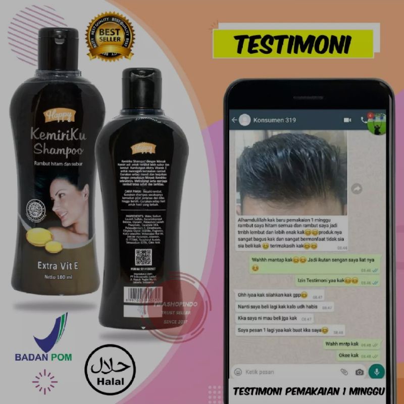 [PAKET HEMAT] HAPPY KEMIRIKU Shampoo + Minyak Penghilang Uban 100% Original Halal+BPOM - Shampoo+Minyak Rambut (100ml+100ml) - Penumbuh Rambut Botak - Perawatan Rambut Rusak Bercabang