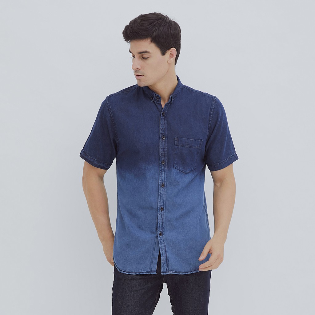 HILLBOSS Kemeja Jeans Lengan Pendek Pria Biru Jamie - Casual Denim Shirt Two Tone Medium Blue - DS00