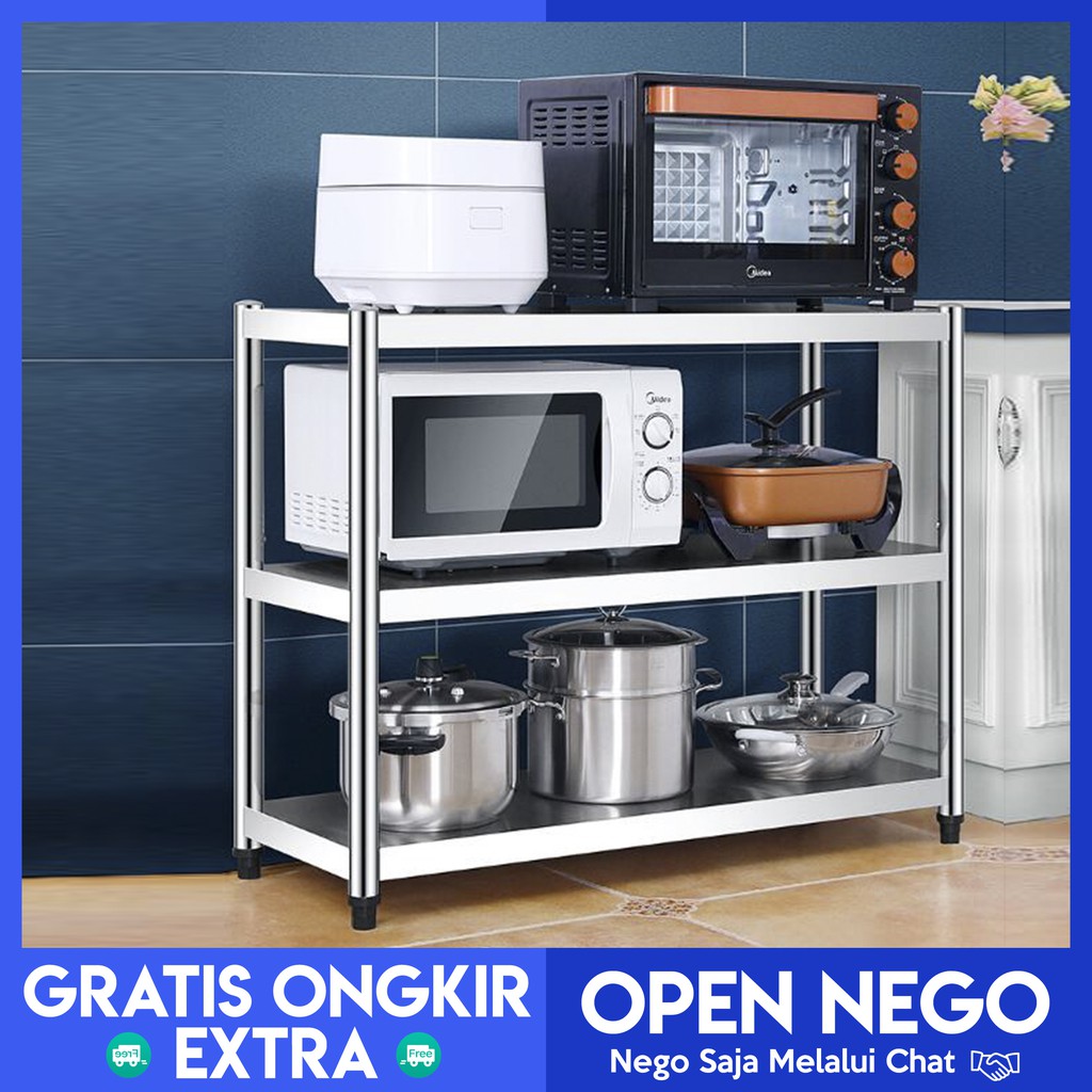 Stainless Rak Dapur 3 Susun Rak Serbaguna Rak Multifungsi Rak Portable Rak Microwave Rak Meja Dapur
