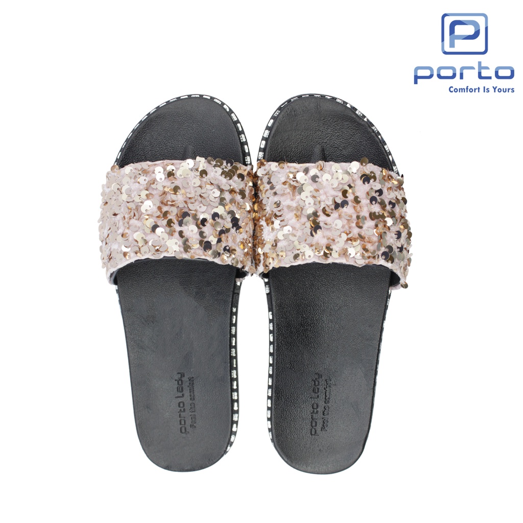 ELF-Z - Porto Leveling Sandal Selop Wanita Terbaru Motif Glitter Manik Nyaman Bagus Awet