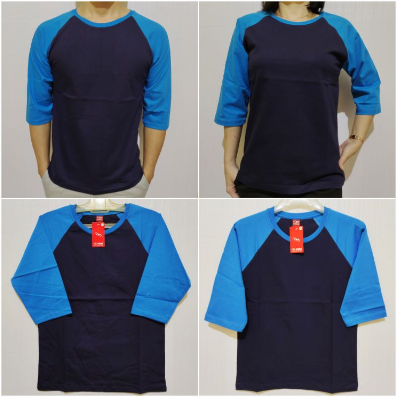 kaos polos raglan  biru  Dongker navy  lengan biru  turkis 3 4 