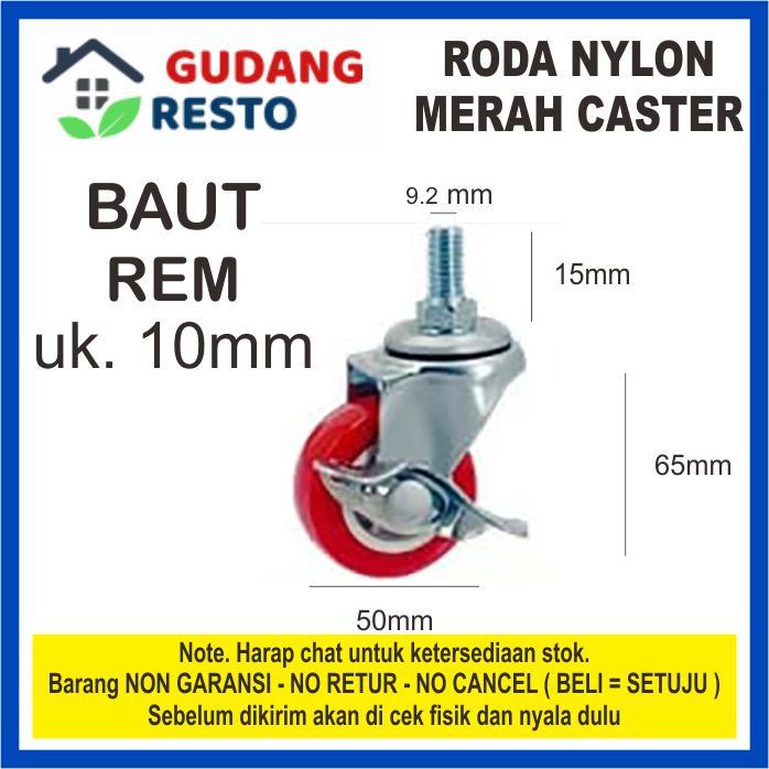 RODA MERAH CASTER 1 PCS HIDUP REM /CASTOR NYLON NILON BAUT 2&quot; INCH TROLI GELEDEKAN HARGA PER BIJI / PCS