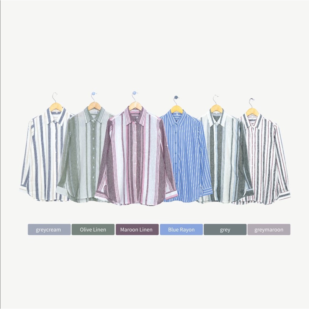 Kemeja Salur Navy Putih Wanita Baju Kantor Formal Kerja Cewek Katun Salur kemeja garis Kemeja Stripe