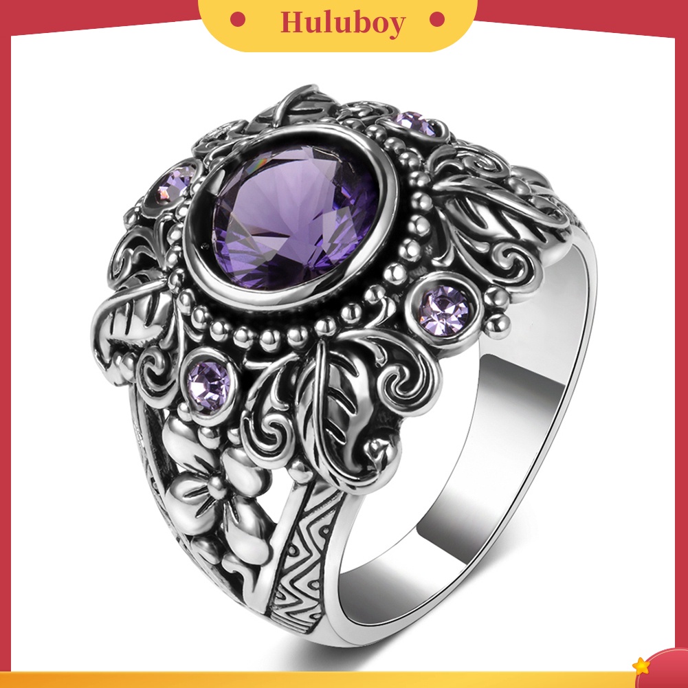 Hu Hu Hu Hu Hu Alat Bantu Pasang Kacamata♡ Cincin Wanita Desain Ukiran Bunga Hias Amethyst Imitasi Bentuk Bulat Gaya Vintage Untuk Hadiah