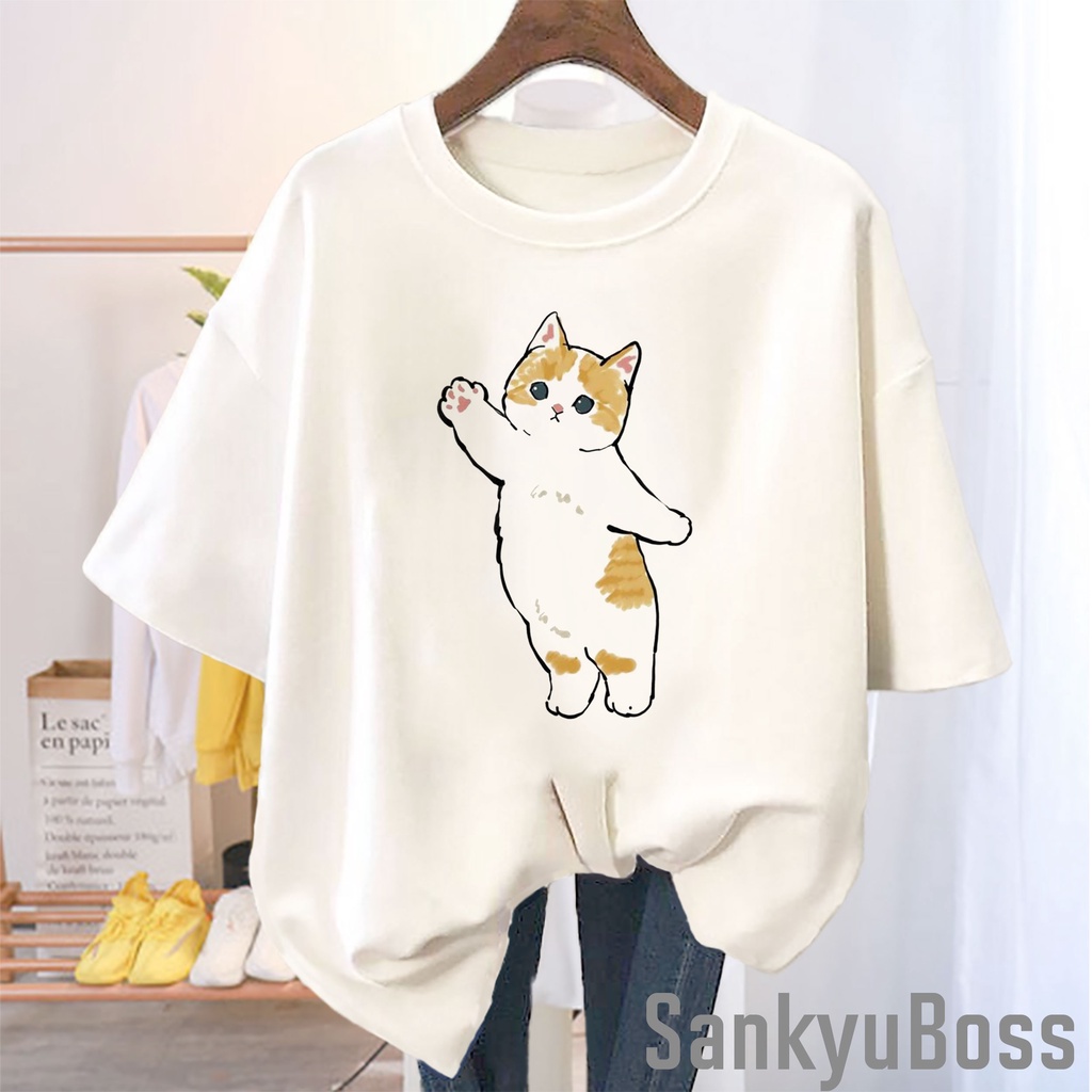 KAOS GAMBAR KUCING OREN ATASAN WANITA LUCU OVERSIZE LENGAN PENDEK OOTD OVERSIZE HIJAB BAJU WARNA LIL