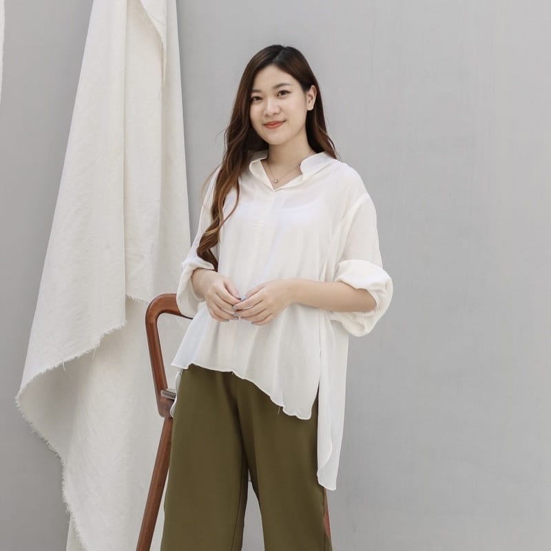 Biana Vneck Shirt Atasan Wanita Kemeja Oversized Katun Rayon Crinkle Lengan Panjang