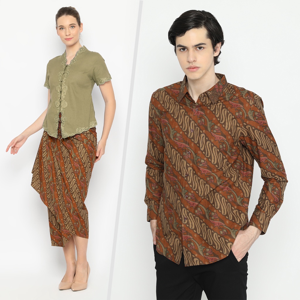 BATIK COUPLE MODERN Kemeja Rok Lilit Instan Batik Pria Lengan Panjang Premium Motif Parang Orange 721061 CAP 72