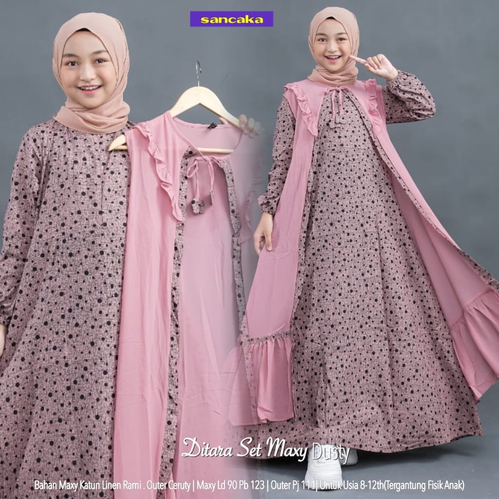 Cod Ditara Maxy Kids/gamis katun rami mix outer ceruty/gamis set cardi/gamis remaja/gamis anak usia 