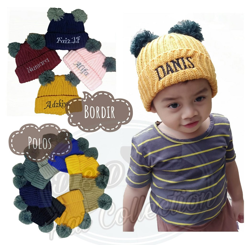 Topi Kupluk Rajut Bordir Nama Bayi Anak Pompom Kupluk Winter Anak