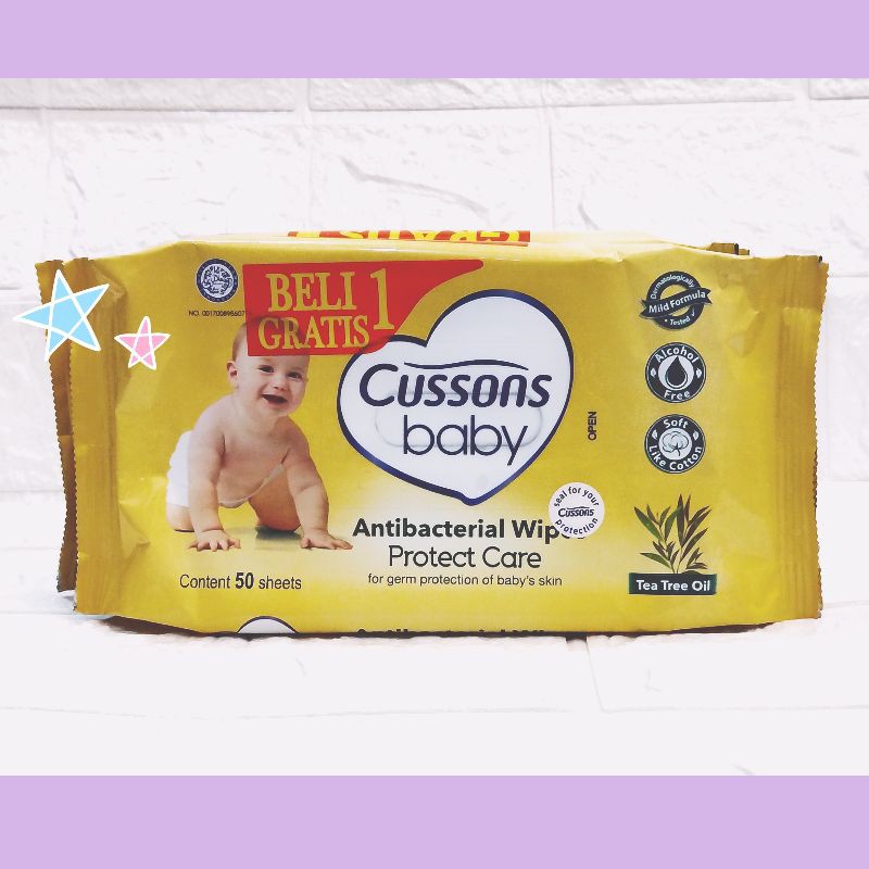 Cussons baby wipes Kuning, Antibacterial wipes, Protect Care, Tea Tree Oil 50 sheets