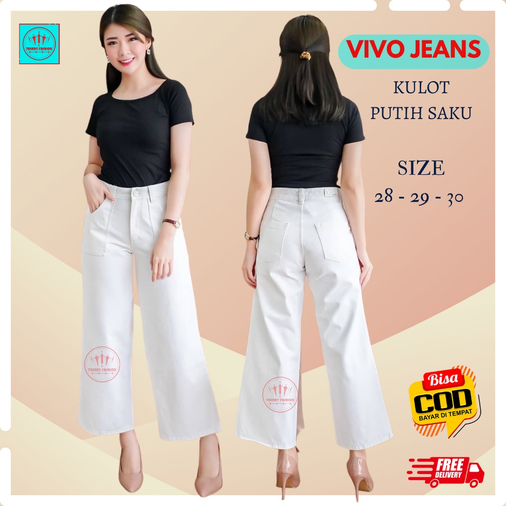 Vivo Celana panjang kulot saku jeans putih wanita/cewek polos kekinian remaja /dewasa original