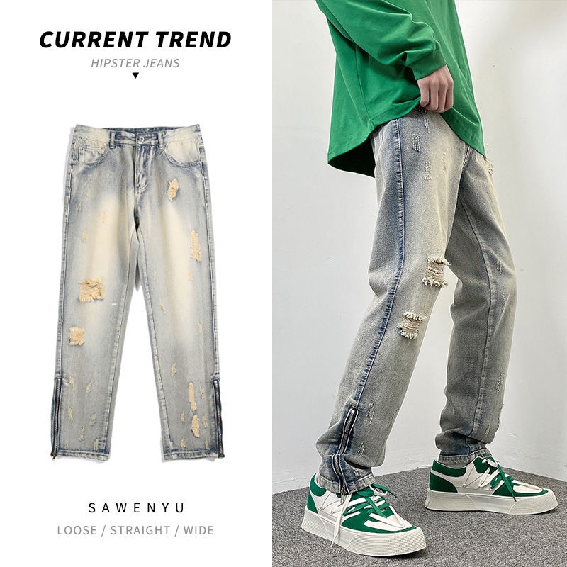 Celana Jeans Sobek Longgar Tipis Pria