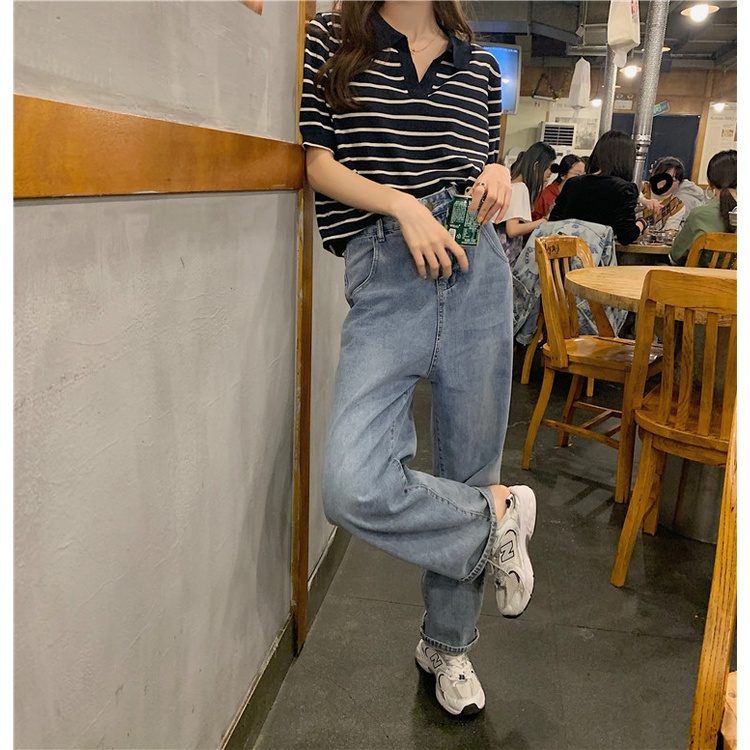 kaos rajut wanita Atasan rajut lengan pendek Korean retro style kasual Knit stripe T-shirt