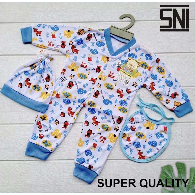 PROMO 7.7 jumper Bayi komplit Bolo Bolo Buka Kaki Motif Lucu SNI Jumsuit Baju Kodok Celemek + Topi DNW BABY