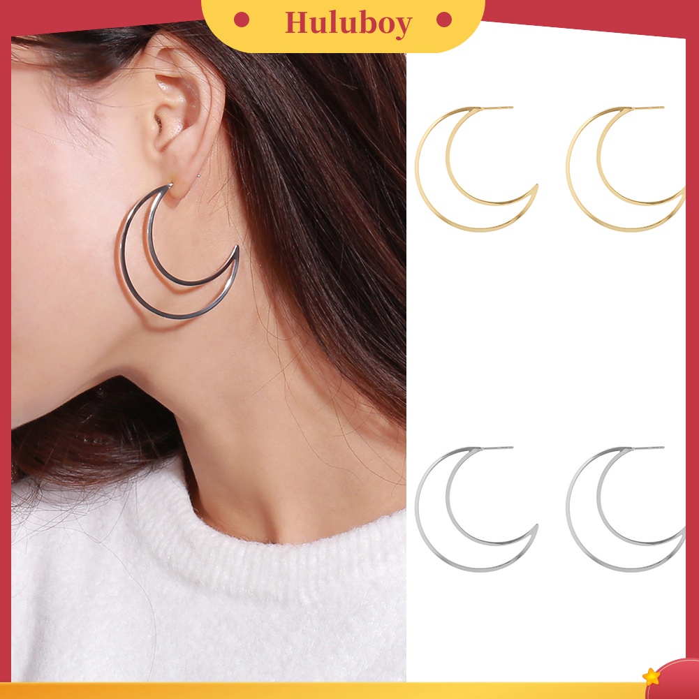 Hu Hu Hu Hu Hu Alat Bantu Pasang Kacamata♡ Anting Stud Bentuk Bulan Besar Model Hollow Untuk Wanita