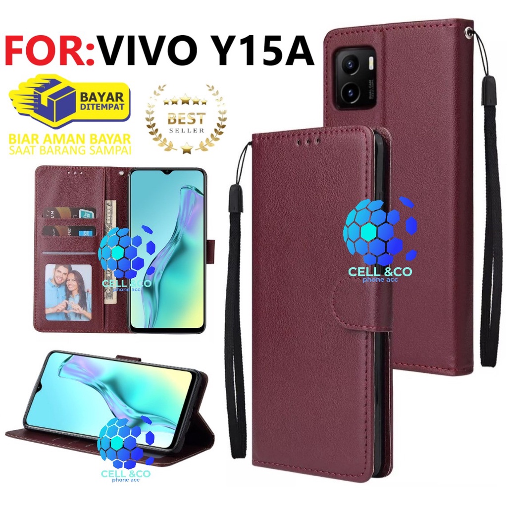 FLIP COVER NEW VIVO Y15A CASE FLIP LEATHER WALLET PREMIUM FLIP CASE BUKA TUTUP KESING HP CASING FLIP CASE WALLET VIVO Y15A