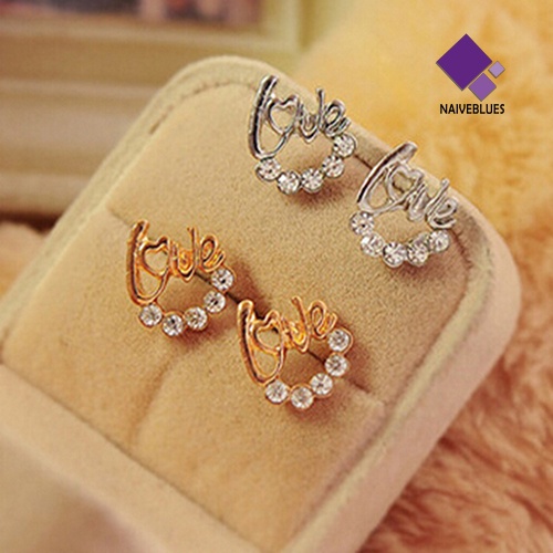 Anting Stud Desain Tulisan Aksen Berlian Imitasi Untuk Wanita