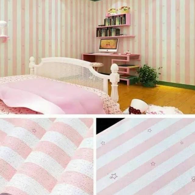 Wallpaper stiker dinding motif salur bintang pink muda