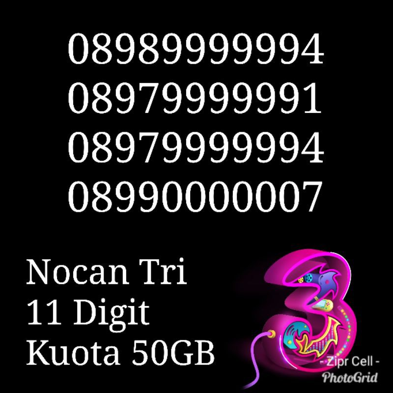 NOCAN Nomor Cantik Hexa 9 Kartu Perdana Tri Three 3 4G LTE Kuota 50GB