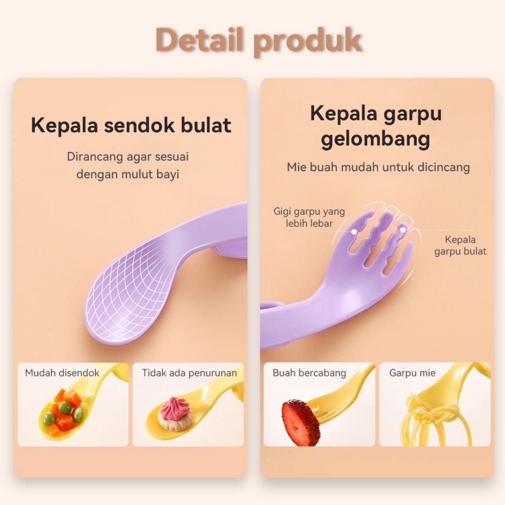 Sendok Garpu Training Set Makan Bayi Melengkung Lekuk Lengkung / Baby Spoon Fork Set MPASI Gagang Bulat Bahan Plastik Warna Pink Biru