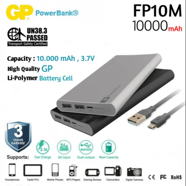 Powerbank 10000 mAh GP Original FP10M Fast Charging 2.1A Real Capacity Dual Slots Promo