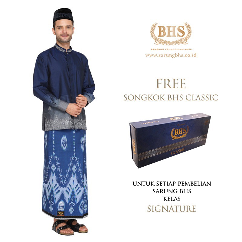 Sarung BHS Gold Signature Motif Kawung Gunung Dua Warna Biru